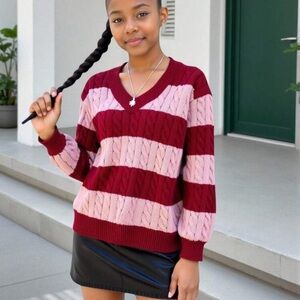 SHEIN Red and Pink Striped V-Neck Sweater